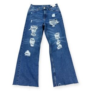 New Aeropostale Jeans Women's 10 Blue Dark Wash High Rise Wide Leg Distressed